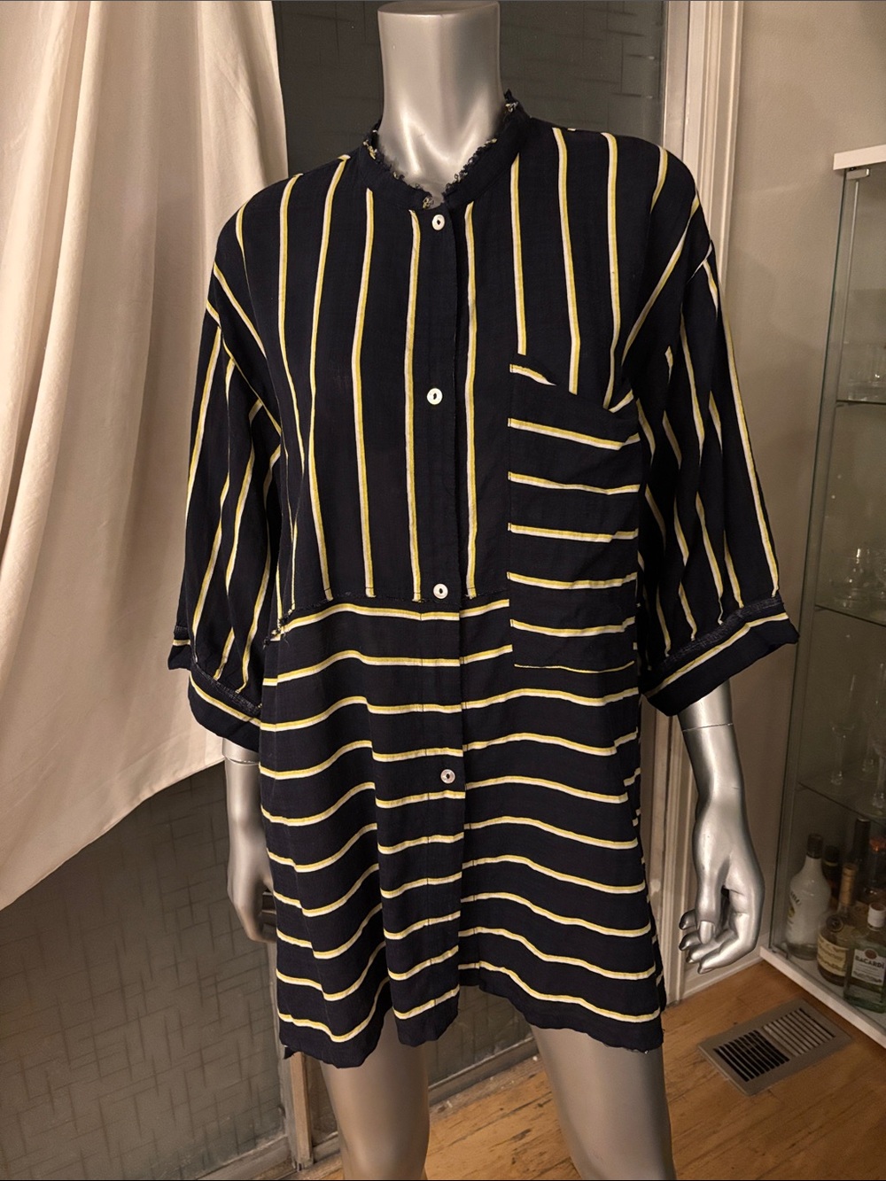 Anthropologie Navy and Cream Striped Button-Front Tunic Top